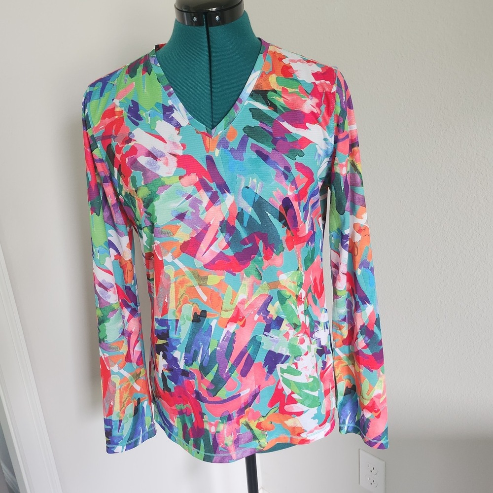 Reel Legends Fishing Shirt Women Medium Multicolor Tropical Freeline V-Neck